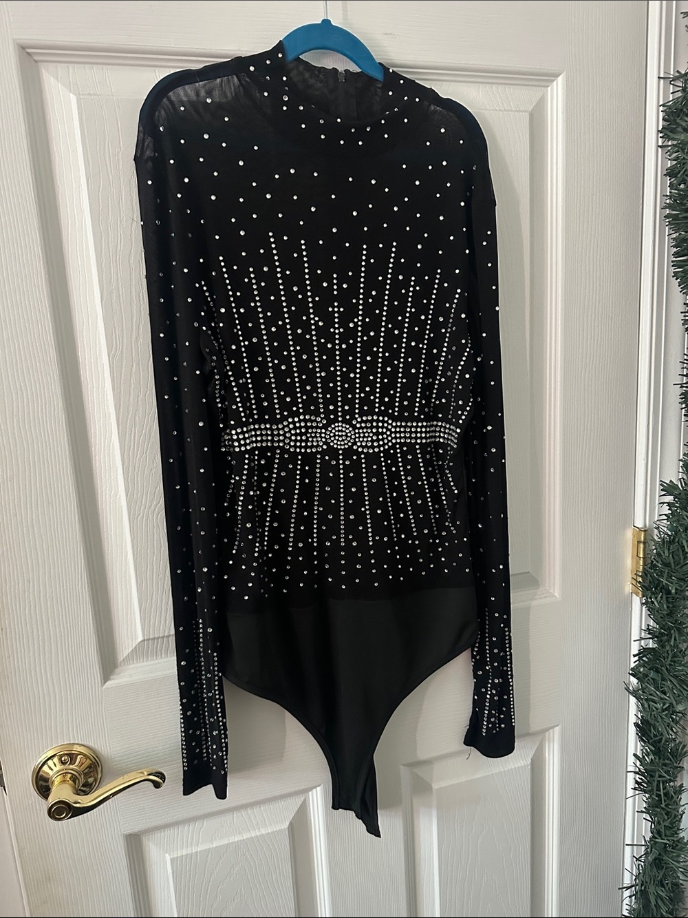 Black Rhinestone-Studded Long-Sleeve Bodysuit
